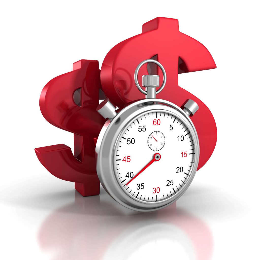 Stopwatch in front of red dollar signs indication fast title loans.