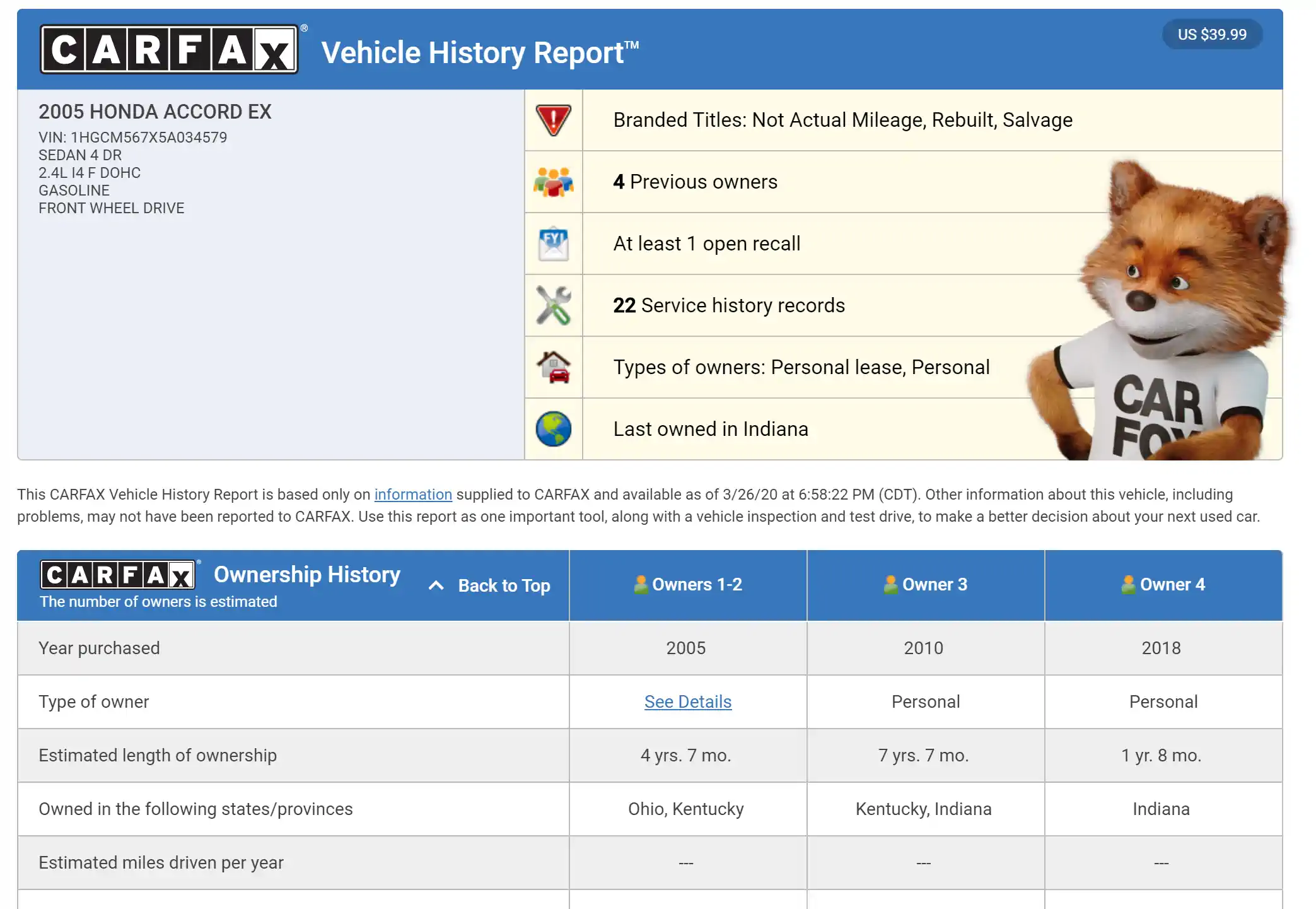 Sample vehicle history report