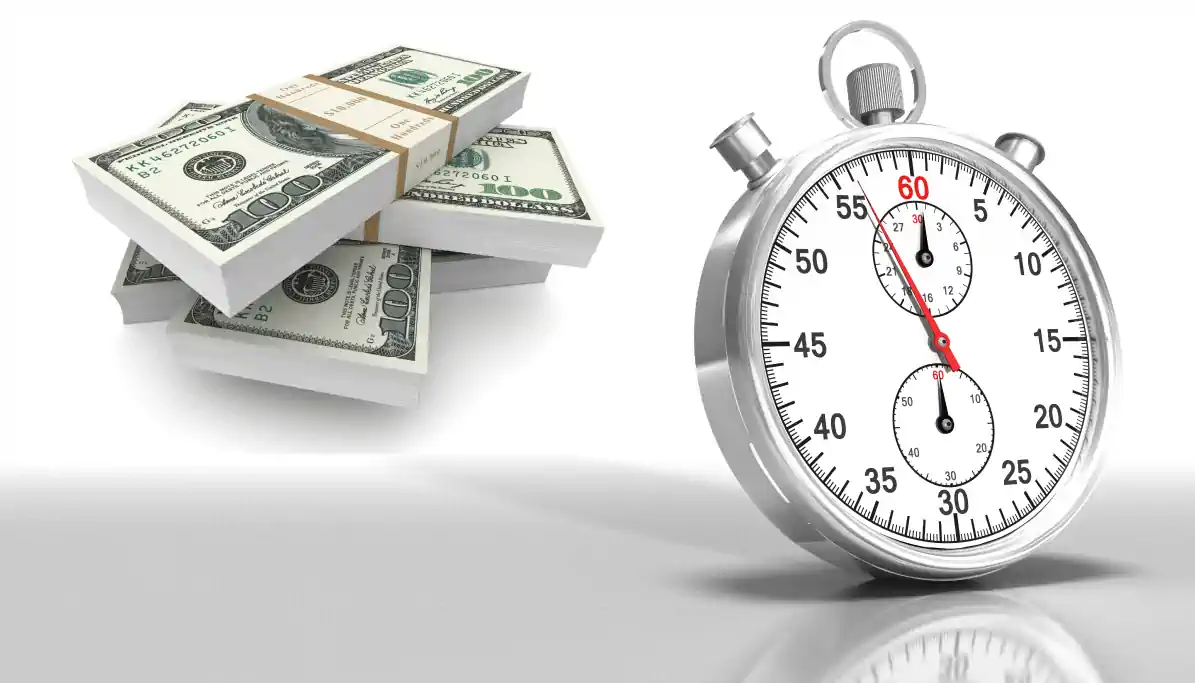 Quick Cash with silver Stopwatch on white and silver background