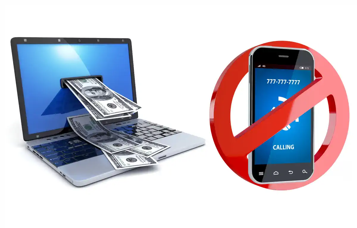 Laptop dispensing cash next to a mobile phone crossed out in red  indicating completely online title loans with No Phone Calls