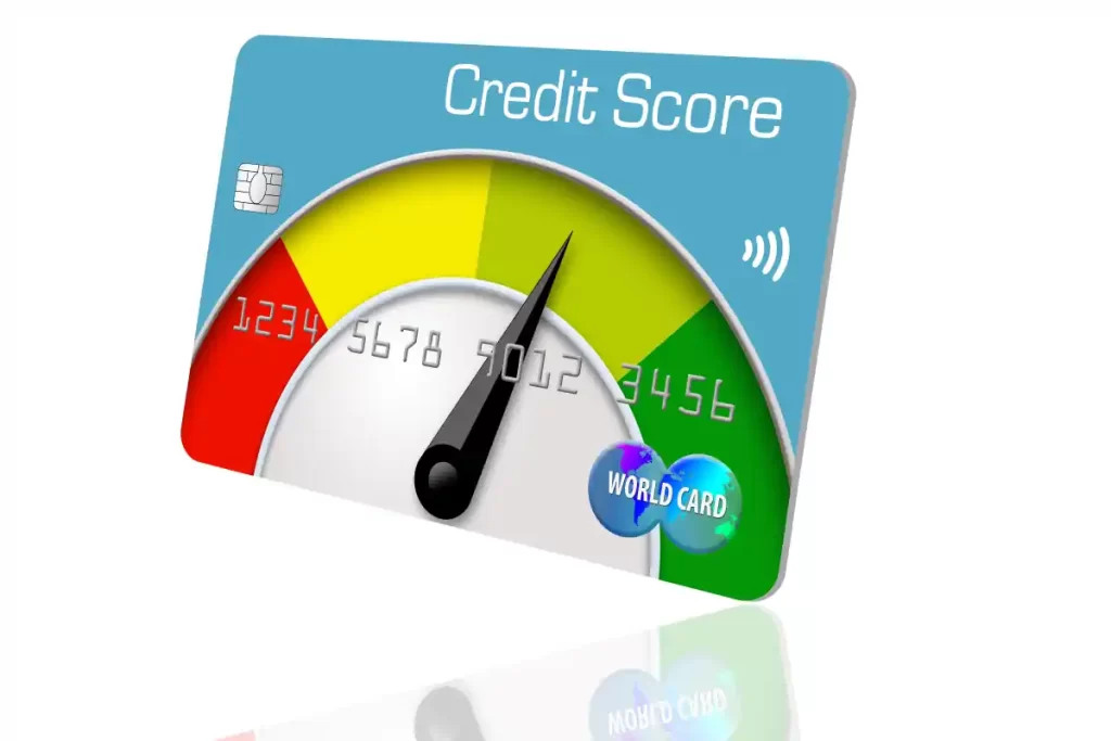 Credit score dial on a credit card going from red to yellow to green.